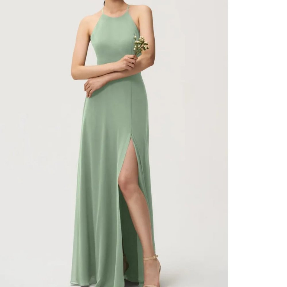 JENNY YOO KAYLA Morning Mist Chiffon Halter Strappy A Line Bridesmaids Dress